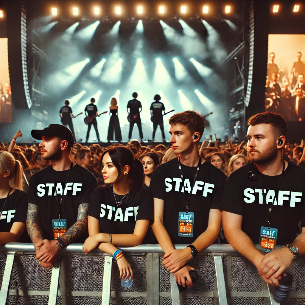 DALL·E 2025-02-14 09.13.09 - A candid photo of a group of concert staff members standing behind the barrier separating the audience from the stage. They are wearing black t-shirts